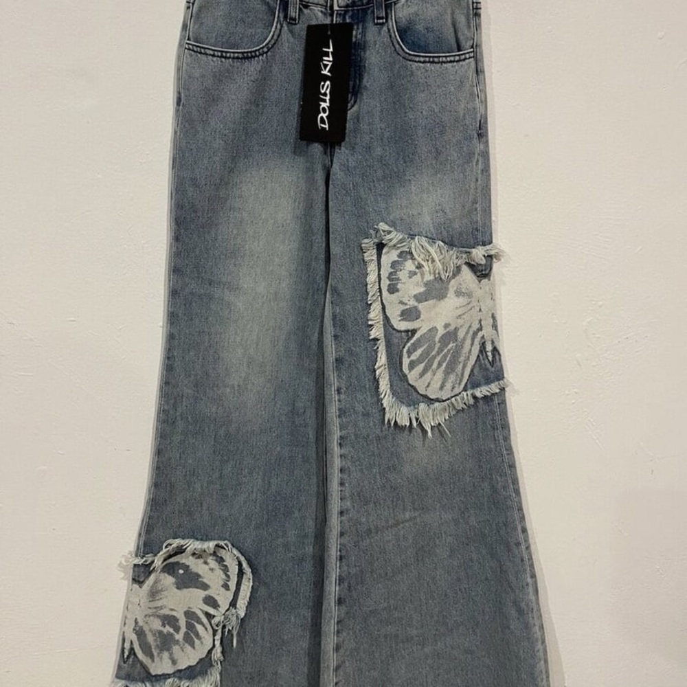 Dolls Kill Blue Flare Jeans with Tiger Face Design